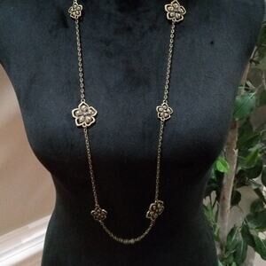 Women Fashion Chunky Gold Tone Carved Charm Floral Art Long Chain Necklace